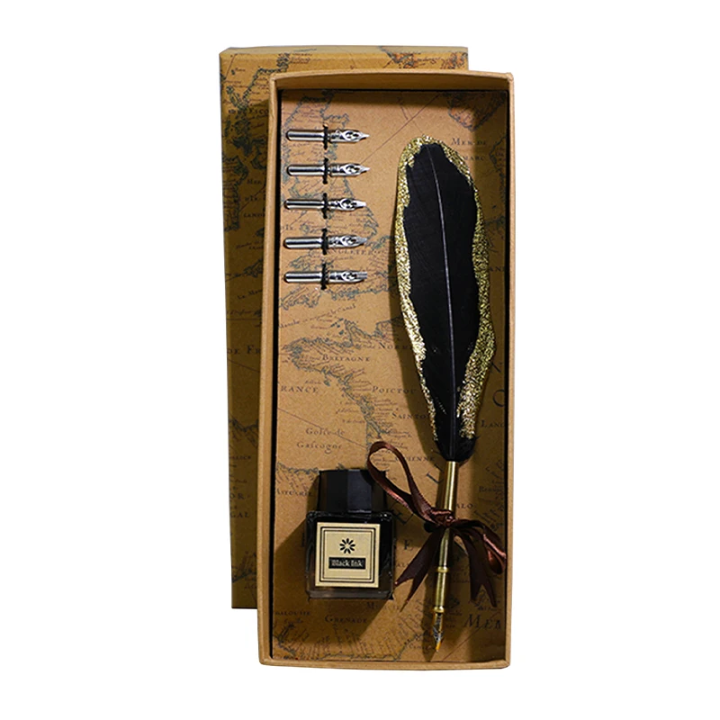 Gold Calligraphy Pen Vintage Antique Feather Pen Set