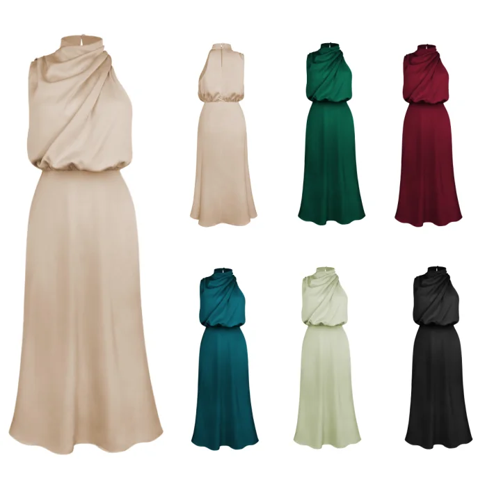 Sleeveless Mock Neck Cocktail Party Long Dresses Evening Gown Satin Dresses Women Lady Elegant