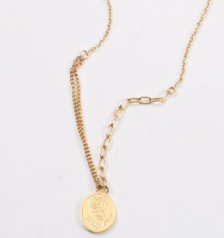 N1005 High End 18K Gold Plated No Fade Fashion Rose Flower Seal Pendant Pin Link Chain Stainless Steel Necklace