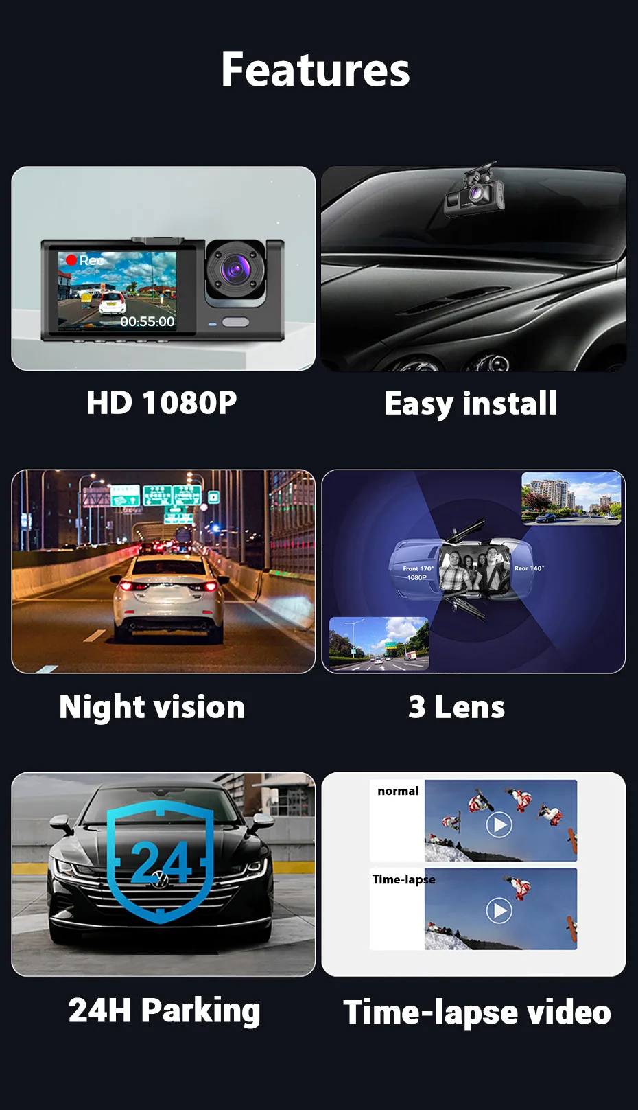 USB HD ночного видения 5 В 3 объектива DVR небольшой автомобильный фотоаппарат и рекордер