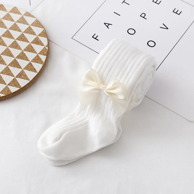 
Cotton knit breathable vertical stripes baby girl fall leggings tights with bow 