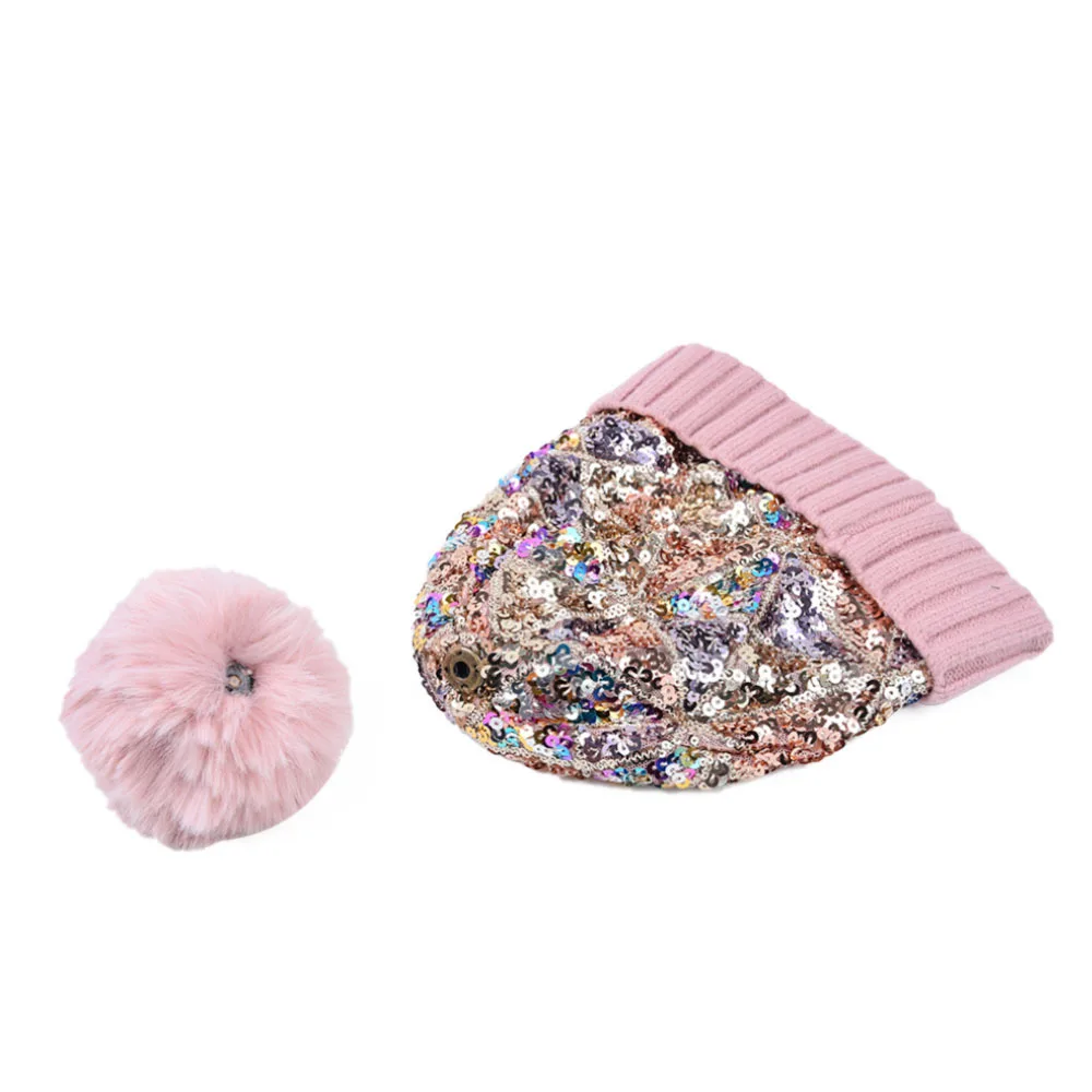 Wholesale new sequined woolen hat autumn winter sequined warm removable wool ball knitted hat for women pompom