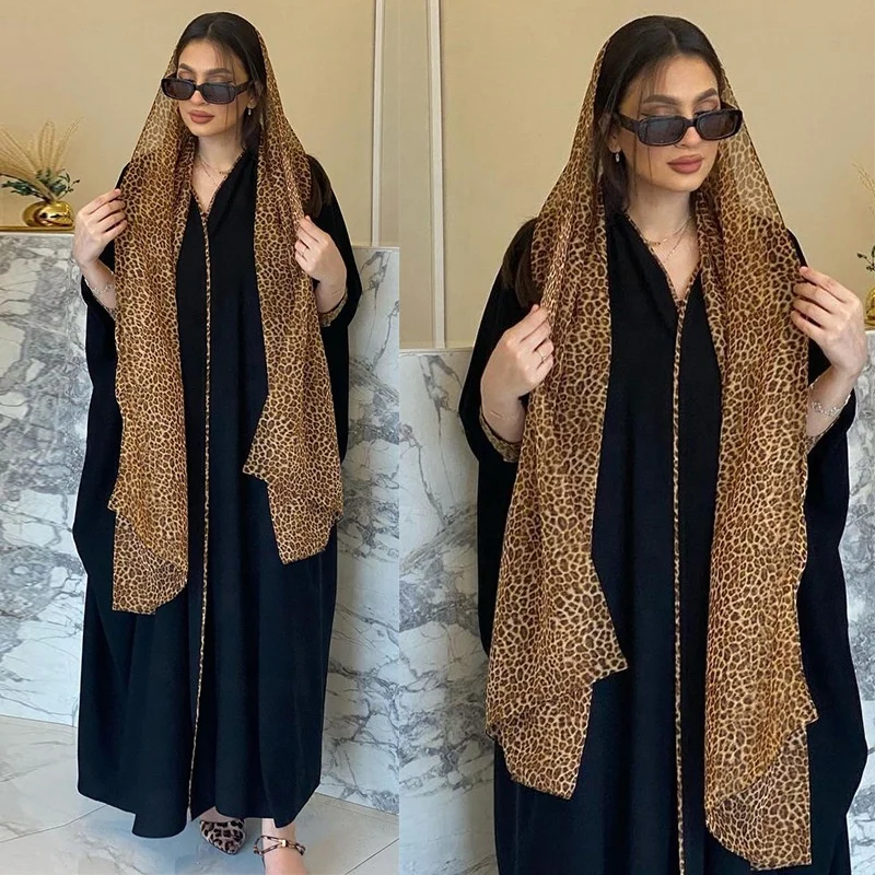 Eid Leopard Abaya with Hijab Scarf Open Cardigan Muslim Abaya Dubai Morocco Party Dress Turkey Kaftan Islam  Women Arab Dress