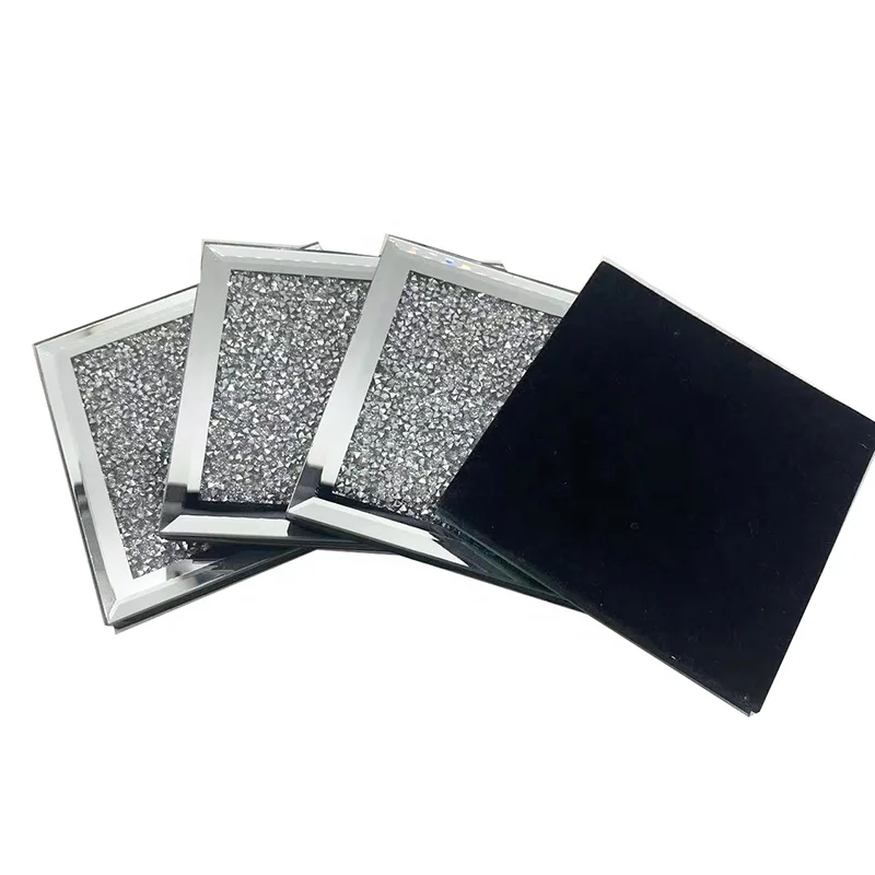 Amazon Crushed Diamond Placemat Crystal Modern Diamond Glass Coasters 4PCS Square Mat Mirrored Coasters 10*10