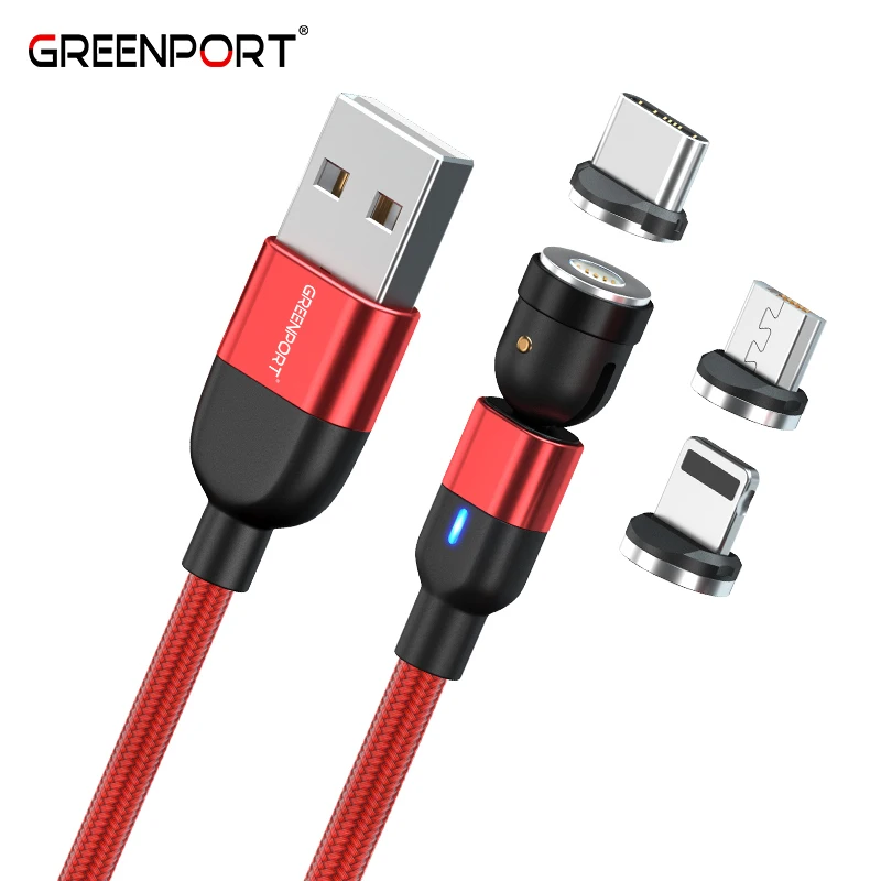 Greenport 540 градусов вращающийся 3A быстро нейлоновый usb-кабель 3 в 1 Магнитный зарядный кабель для мобильного
