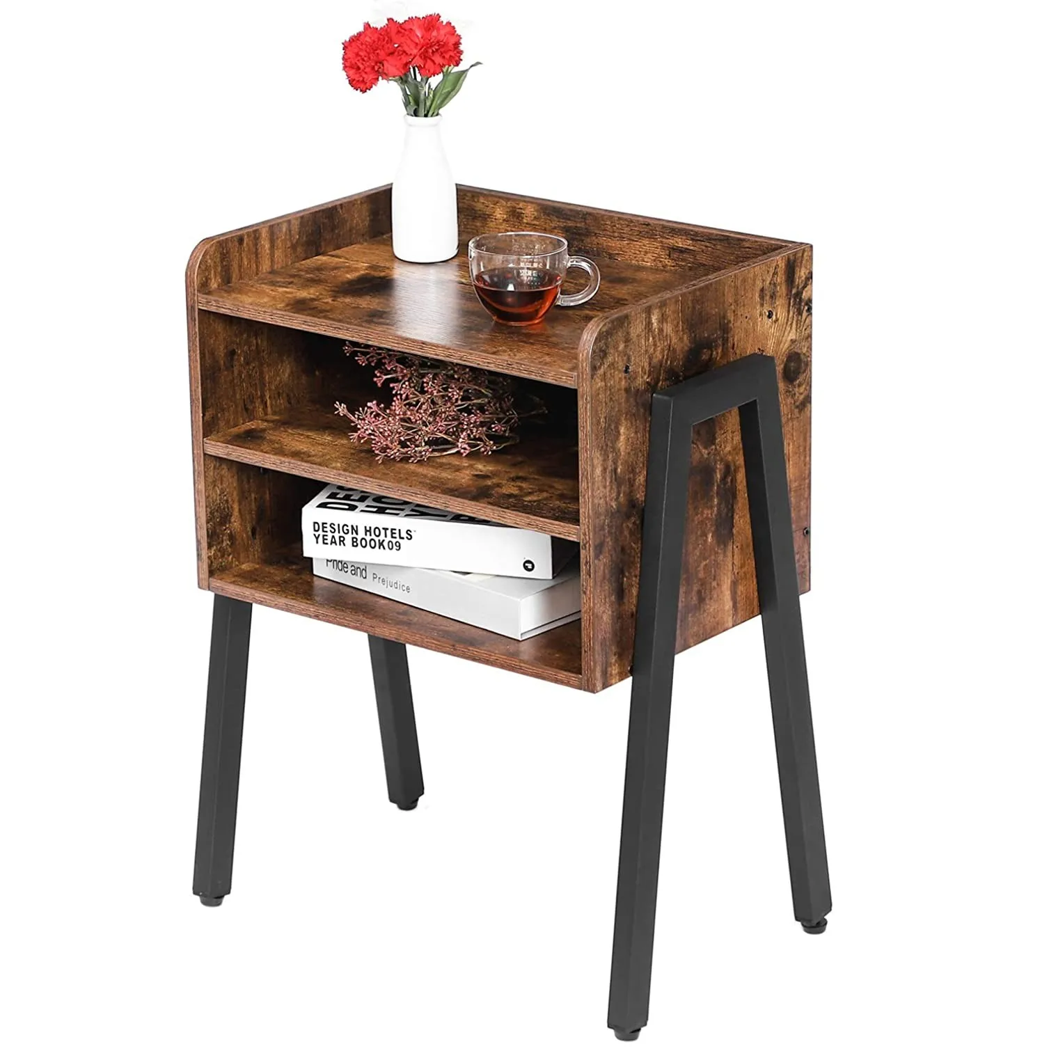 
End Table 23.6 Inch High Side Table for Small Spaces with 2 Open Front Storage Compartments Night Stand 