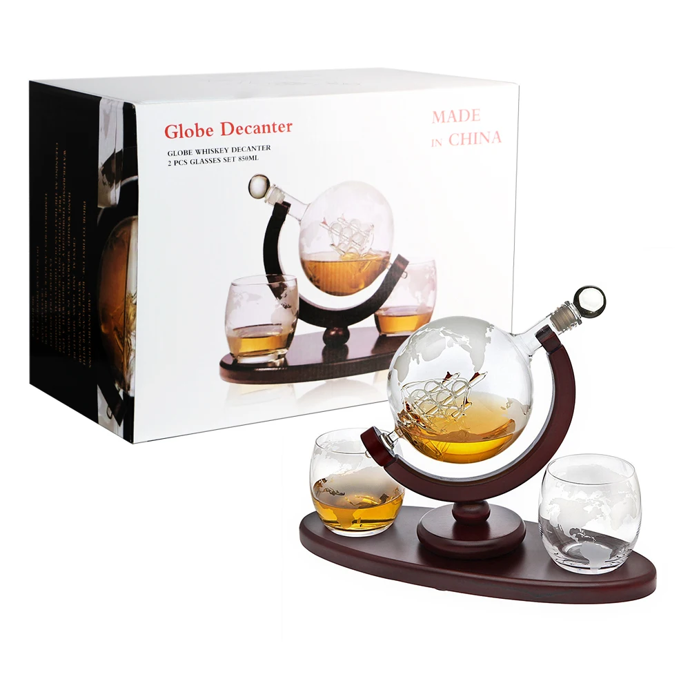 Cheap whiskey glasses set and decanter globe shaped with wooden support