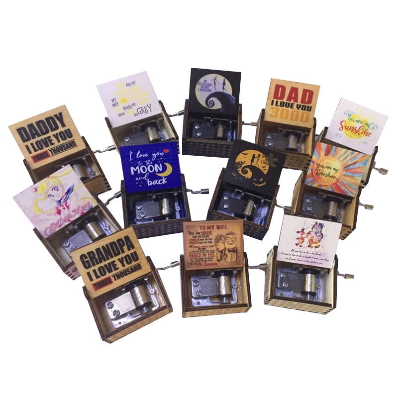 Factory Sublimation gift music box Hot Selling Colorful Laser Engraved Hand Crank Mini Custom Wooden Music Box