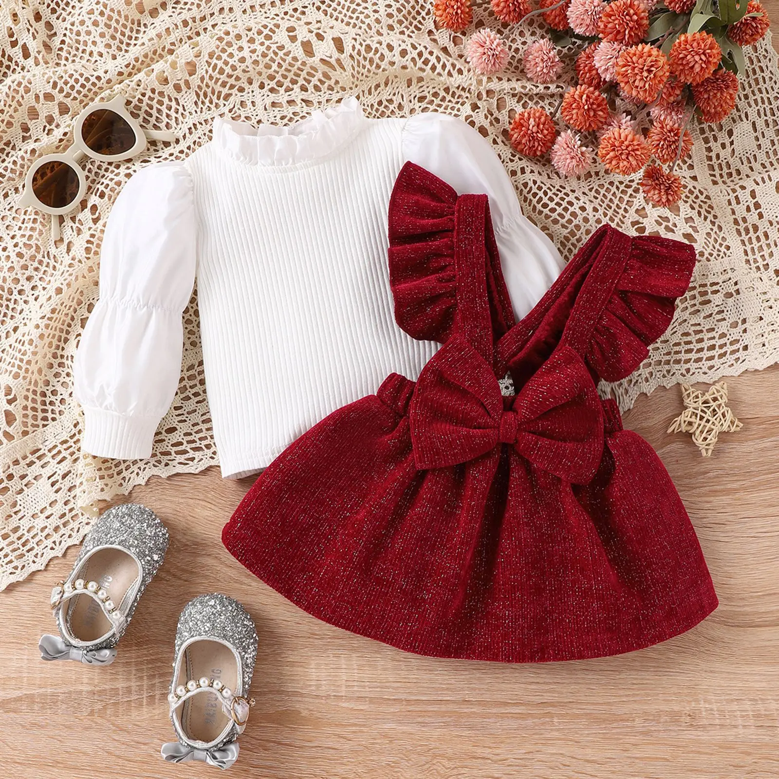 2024 Girl Winter Clothing Sets White Lace Collar Top Corduroy Bow Red Dress Toddler Newborn Christmas Wear Fall Baby Clothes