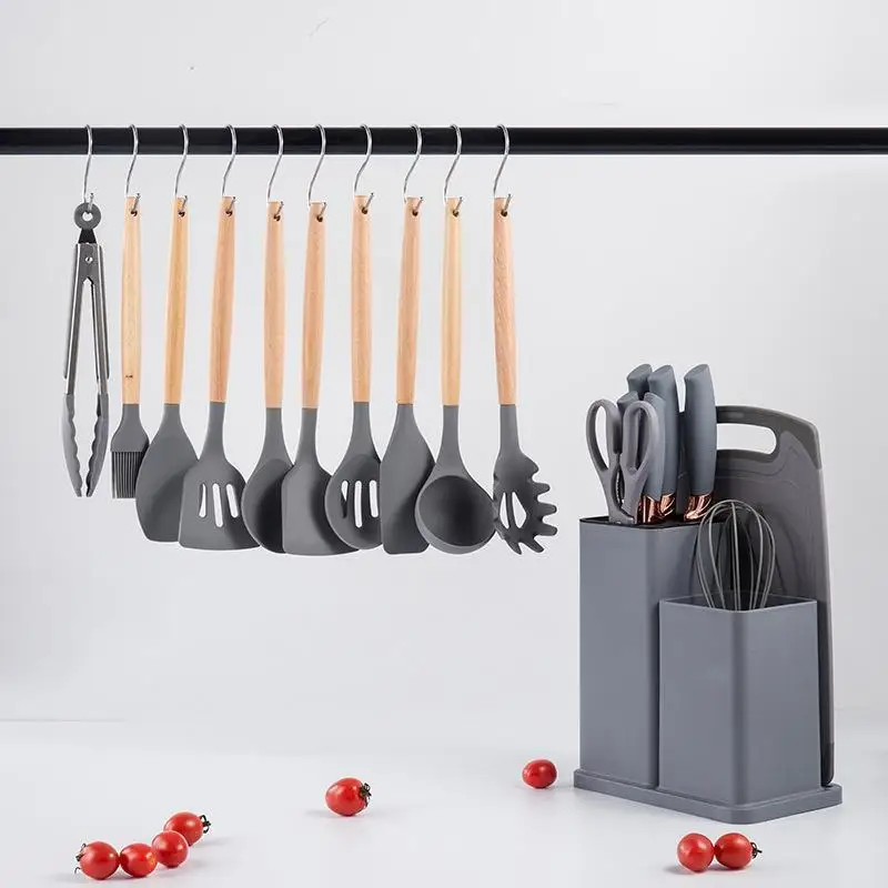 Top Selling 19 Piece Silicone Kitchen Utensil Set With Wooden Handle And Cuttings Board Storage Bucket Kitchen Gadget Set