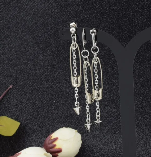 Kpop Earrings Jewelry Personalized Punk Hip Pop Pin Chain Cone Pendant Stud Earrings