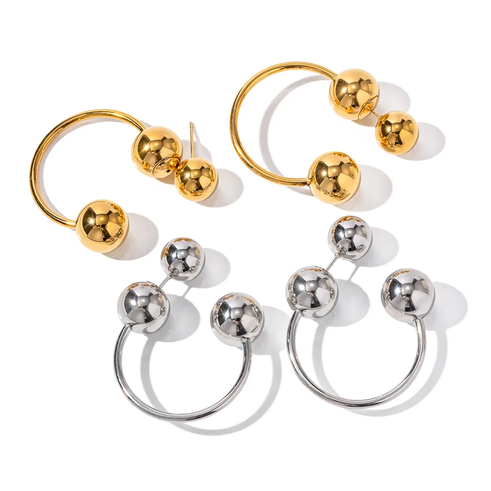 Mifen Exaggerated Stainless Steel Geometric Earrings 18K Gold Open Round with Spherical Ball Piercing Stud Earrings