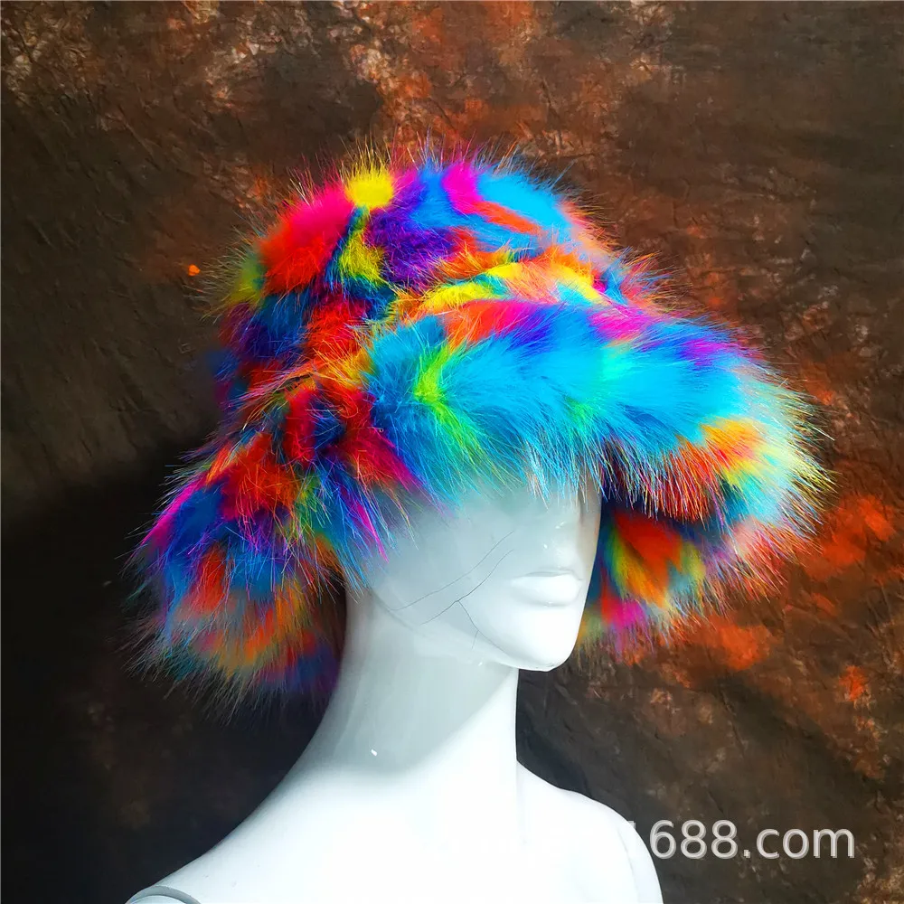 2022 Winter Women Keep Warm Rainbow Hat Faux Fox Fur Basin Female Fashion Casual Party Bucket Hat Music Festival Thickened Hat