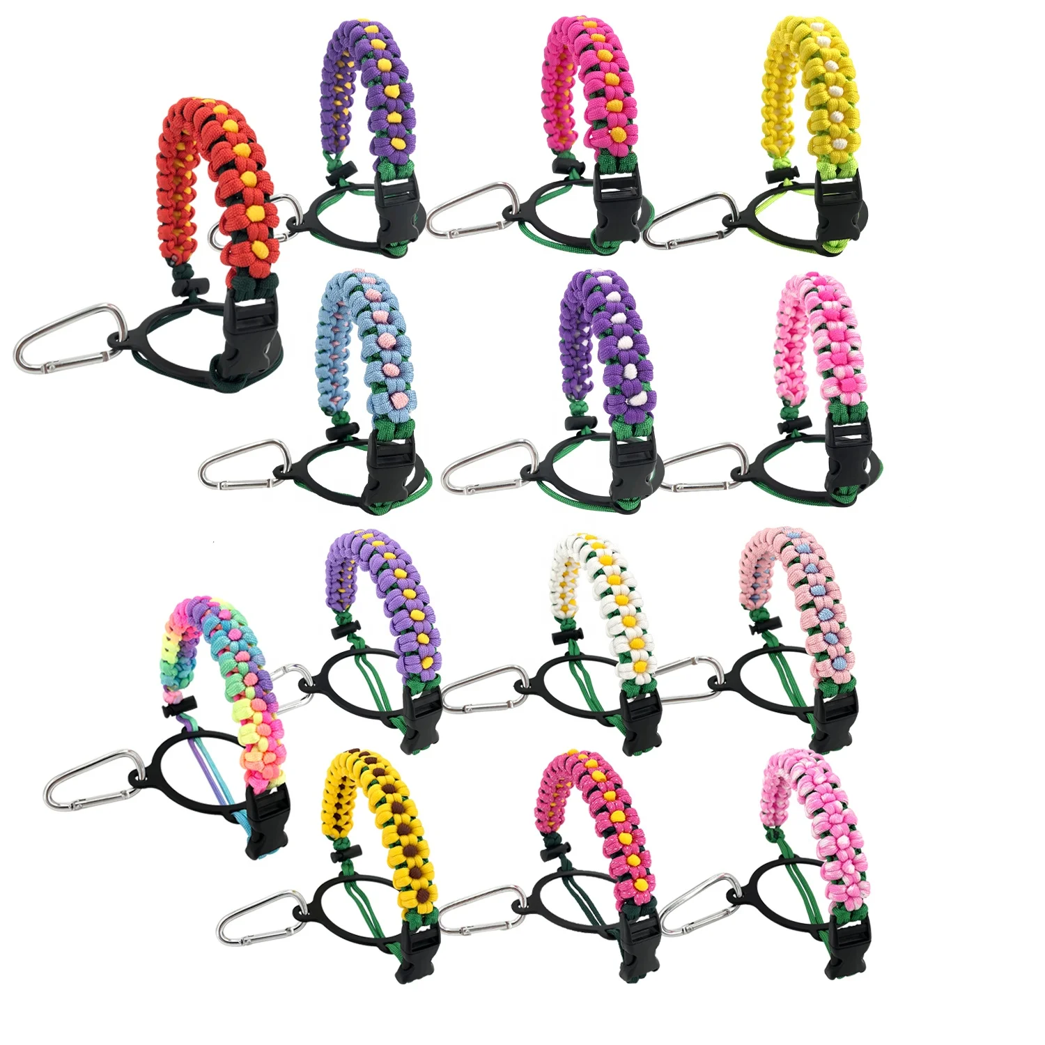 Sunflower Braid Water Bottle Handle Survival Carabiner Paracord Holder for Hiking Camping