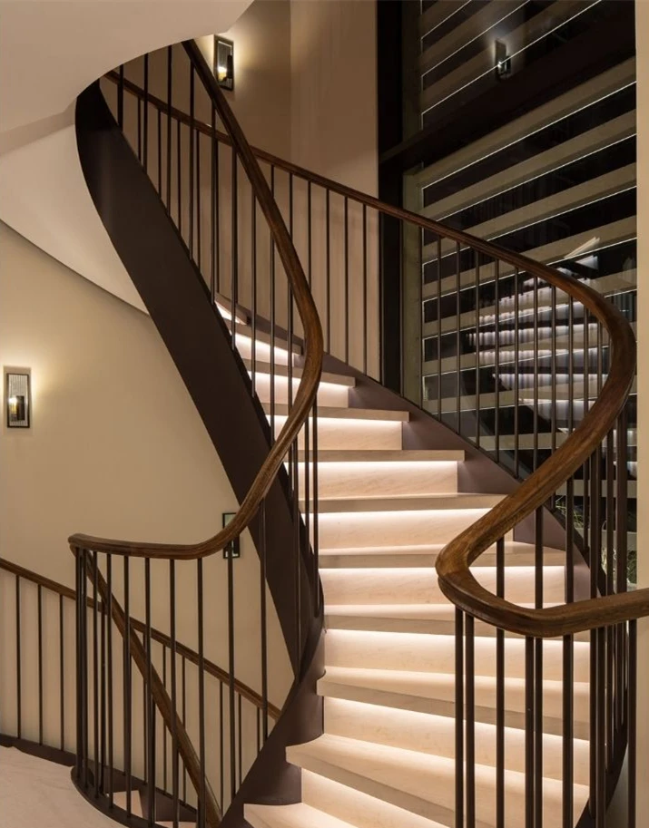 Open Wood Curved Staircase Design Glass Handrail Stainless Steel Railing Metal Contemporary Indoor Stairs
