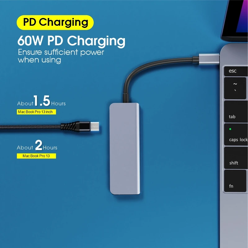 4 in 1 USB Hub Aluminum Alloy Type C to 3 USB PD Ports Hub High Speed Data Transfer USB-C hub