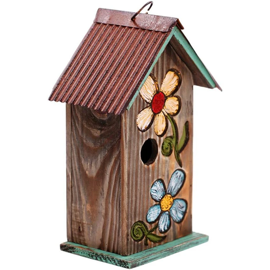 Carved wooden flower-shaped bird house with ring-hung bird house for garden patio porch decoration