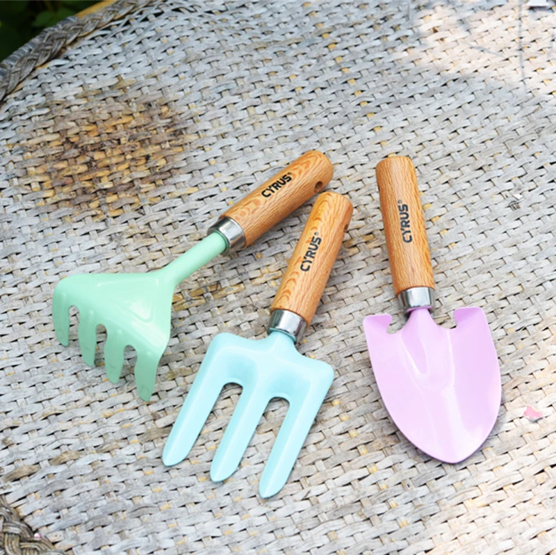 Available Now Wooden Handle Metal Fork Trowel Rake Shovel Kids Gardening Tool Set