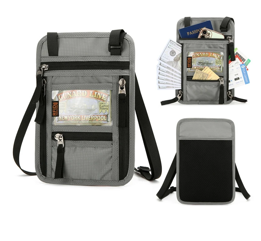 Wholesale Promotional Travel Pouch Family Passport Holder Nylon Travel Passport ID Card Name RFID Neck Wallet With Lanyard