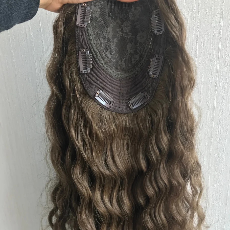 16Inch Skin Base Virgin Human Hair Blonde Highlighted Topper With 5 Clips In Silk Top