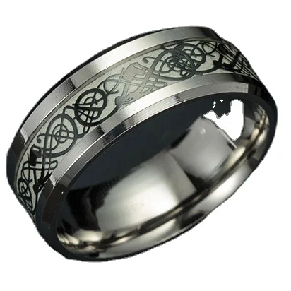
Green Glow In The Dark Dragon Texture Male Silver Ring Polishing Stainless Steel Ring Man 
