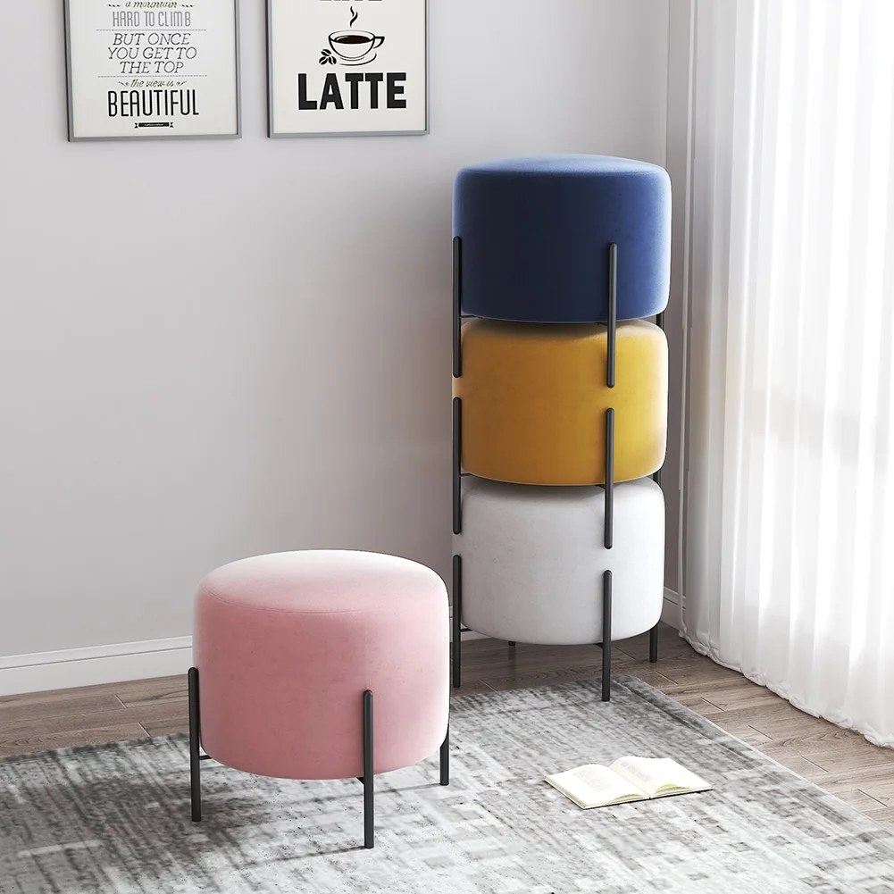 Customized Upholstered Vanity Footstool Dressing Chair Space saving Round Velvet Footrest Stool Ottoman with Golden Metal Leg