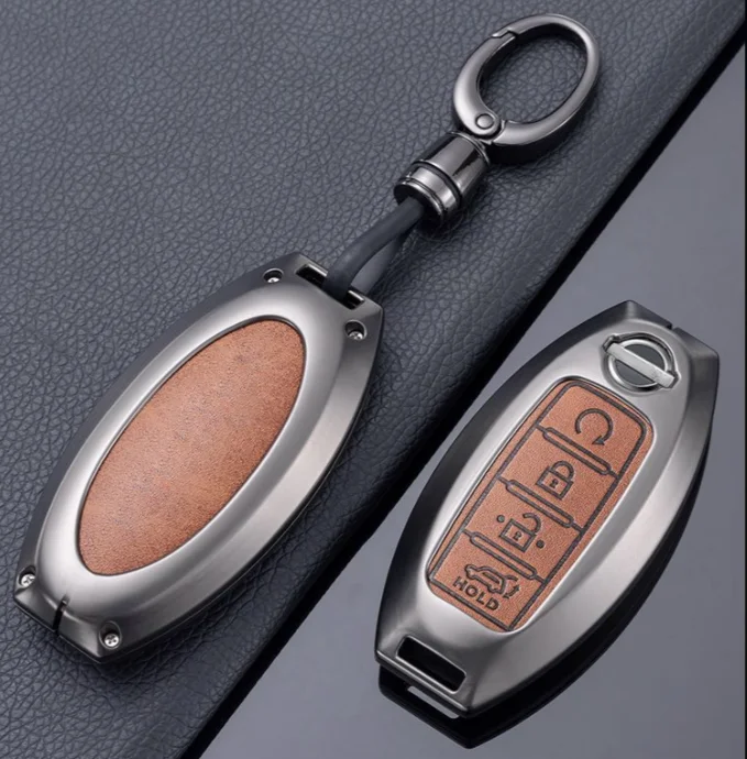 Fashion luxury metal zinc alloy leather car remote key cover case fob for nissan