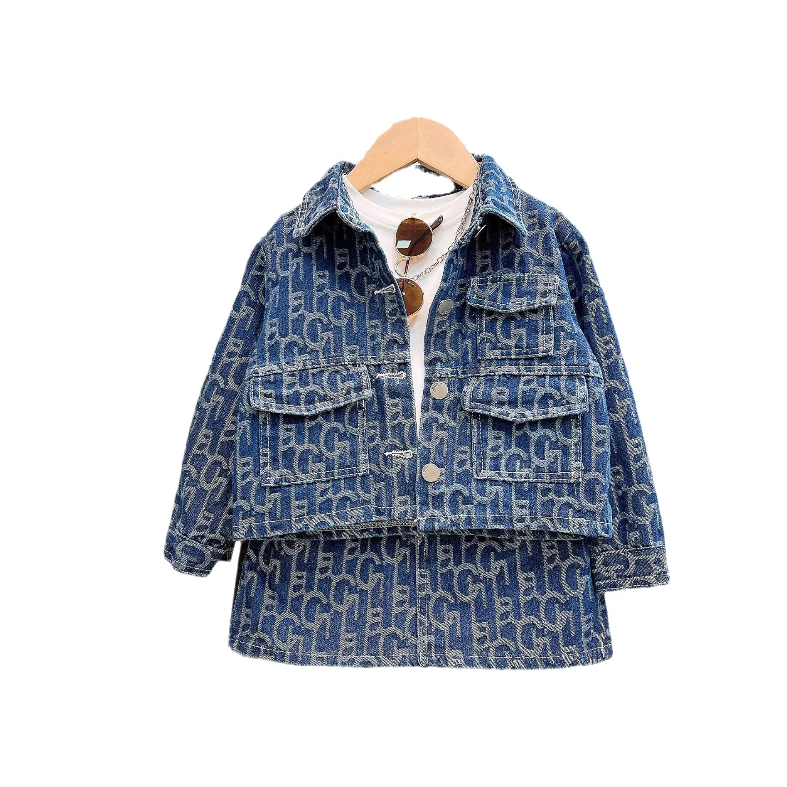 New fashion 2 Pcs girls clothing set letter long sleeve turn-down denim jacket coat + jeans skirt outfits for girls