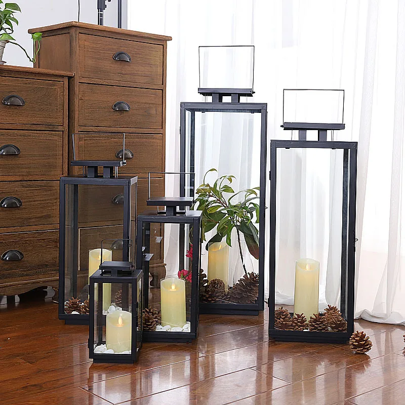 Wholesale European-style outdoor Black glass floor candlestick courtyard decor candlestick ornaments wrought iron art lanterns