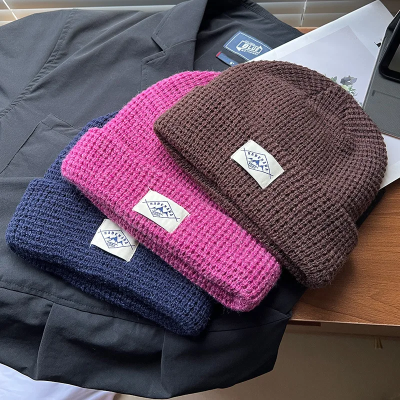 sport new fashion waffle knitted beanie hat logo embroidered mens knit cuff waffle knit beanie hat