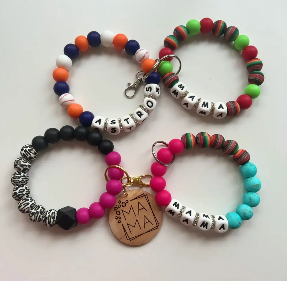 Zhehu Rangers Baseball Charm Beads Bracelets Keychain American Houston Texas Astros Silicone Beaded Keychain Wristlet