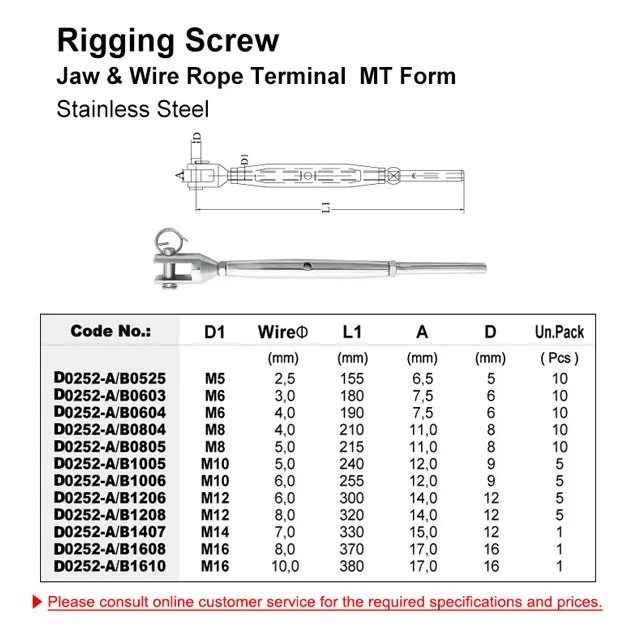 stainless steel rigging screw jaw & wire rope terminal mt form