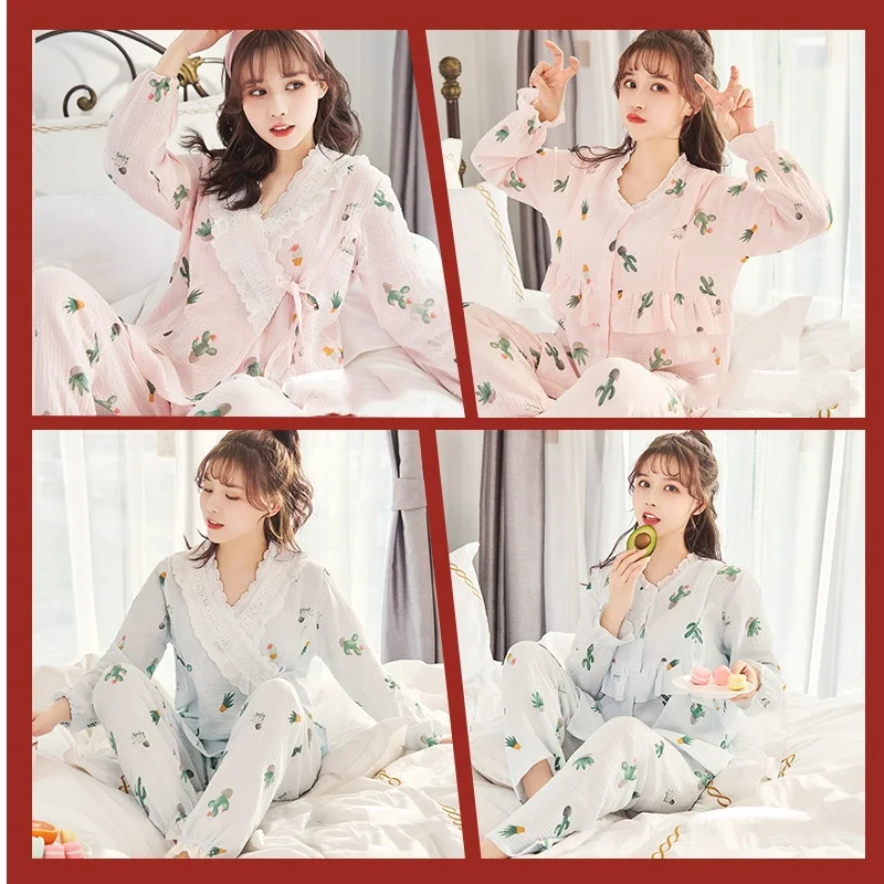 
Pregnant clothing women spring and autumn pure cotton gauze breathable postpartum clothing breastfeeding nightgown 