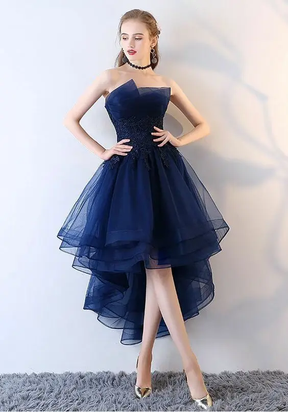 navy blue high low tulle modest Prom Dresses Most Beautiful Wedding Dresses Boho Off Shoulder Wedding Bridesmaid Dress