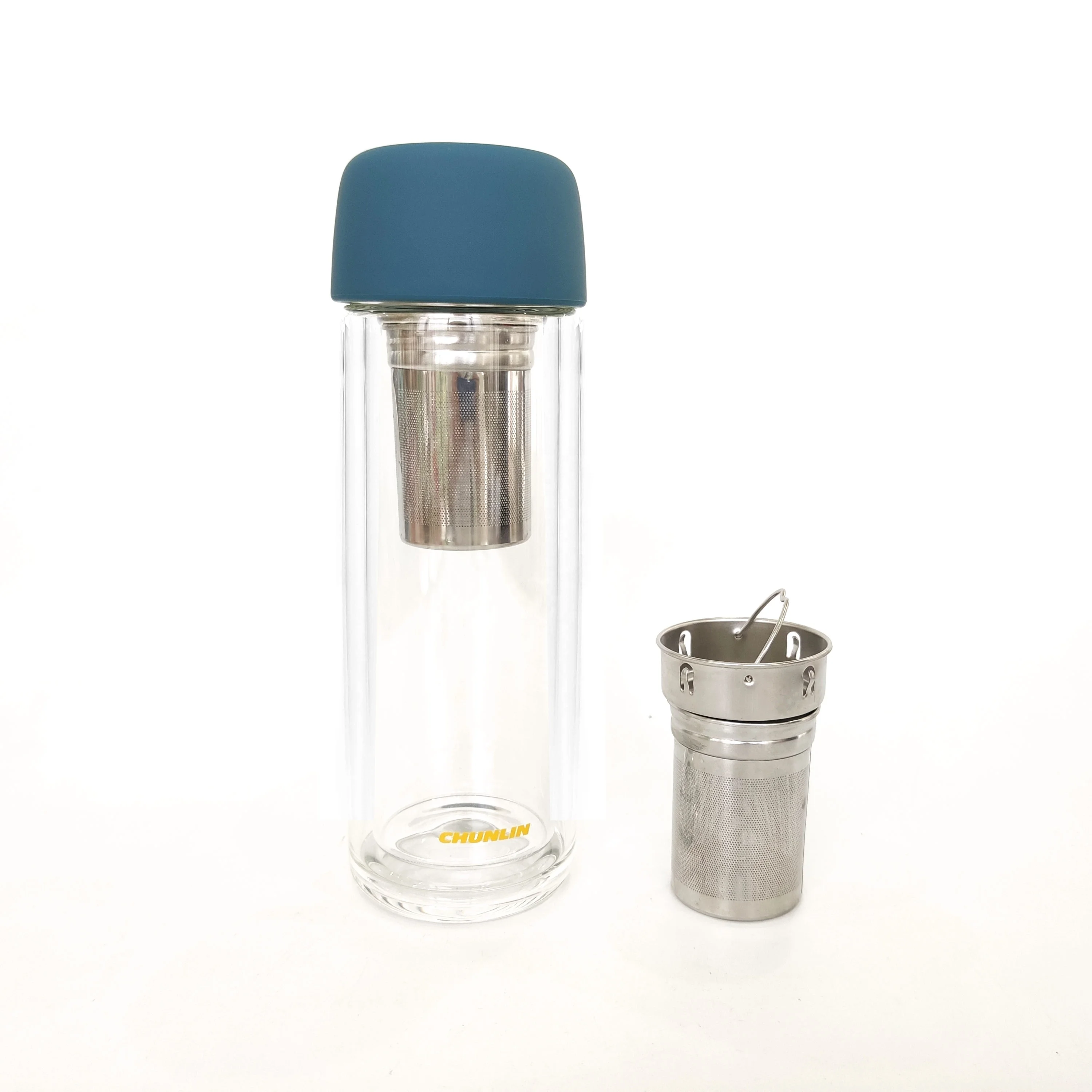 
360 ml double bottle glass, Customised logo double glass tea bottle 