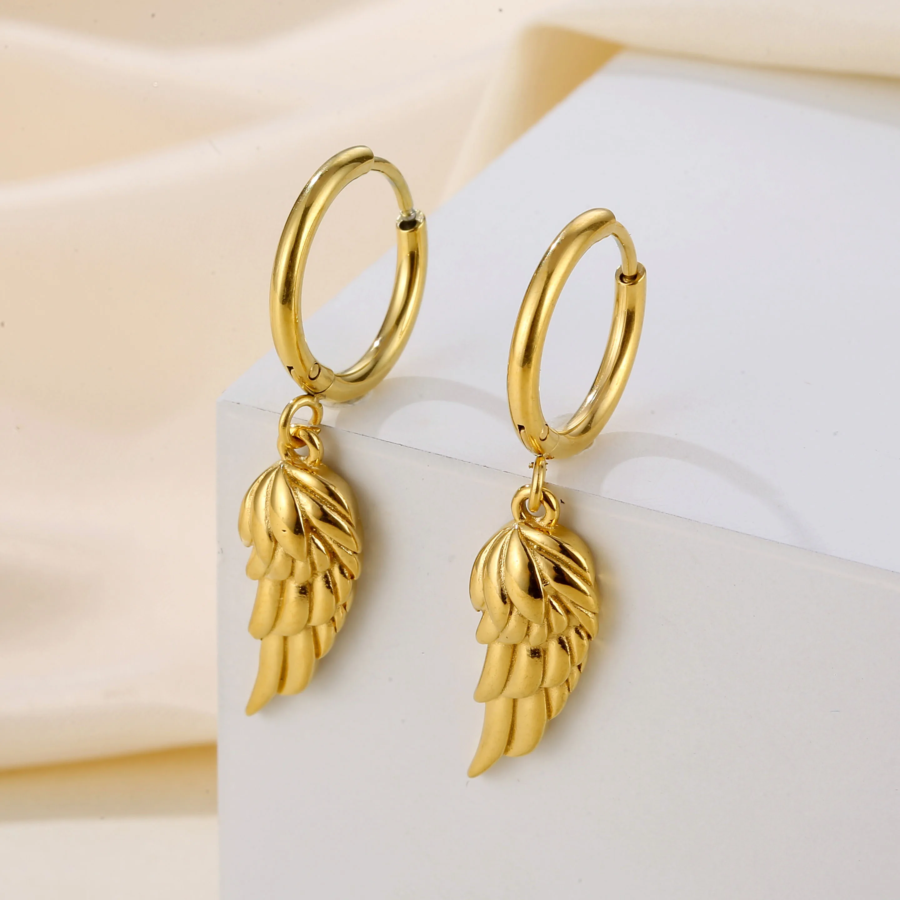 Tarnish Free Cupid Wing Charm Feather Pendant Earrings Stainless Steel Angel Wings Hoops Men Earrings for DIY Jewelry Making