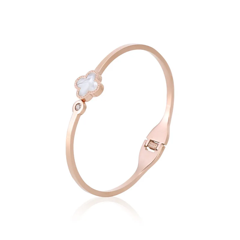 Openable Women Gift  Metal Stainless Steel PVD Plated Gold Rose Gold Clover Flower  Design Lady Bracelet Bangle Jewelry