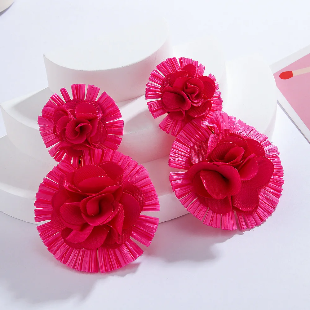 newest women boho earrings girls jewelry wholesale fashion handmade raffia flower earrings Daisy dangling earrings