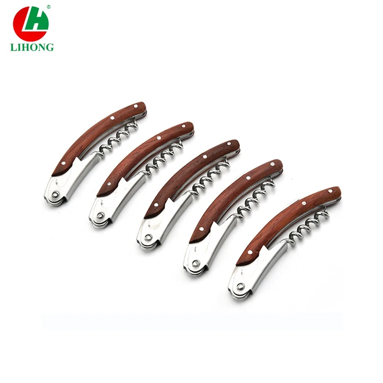 Double Hinged Waiters Corkscrew Spiral Wine Bottle Opener with Red Rose Wood Handle
