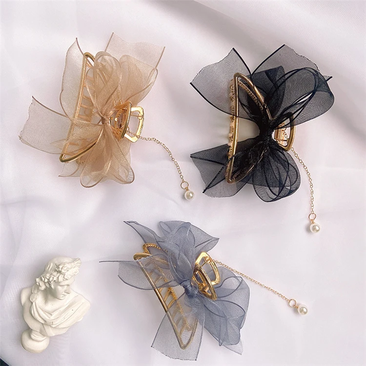Wholesale Trendy Women Hair Accessories Bow Pearl Pendant Korean Version Of Tassel Metal Ribbon Metal Hair Claw Clip