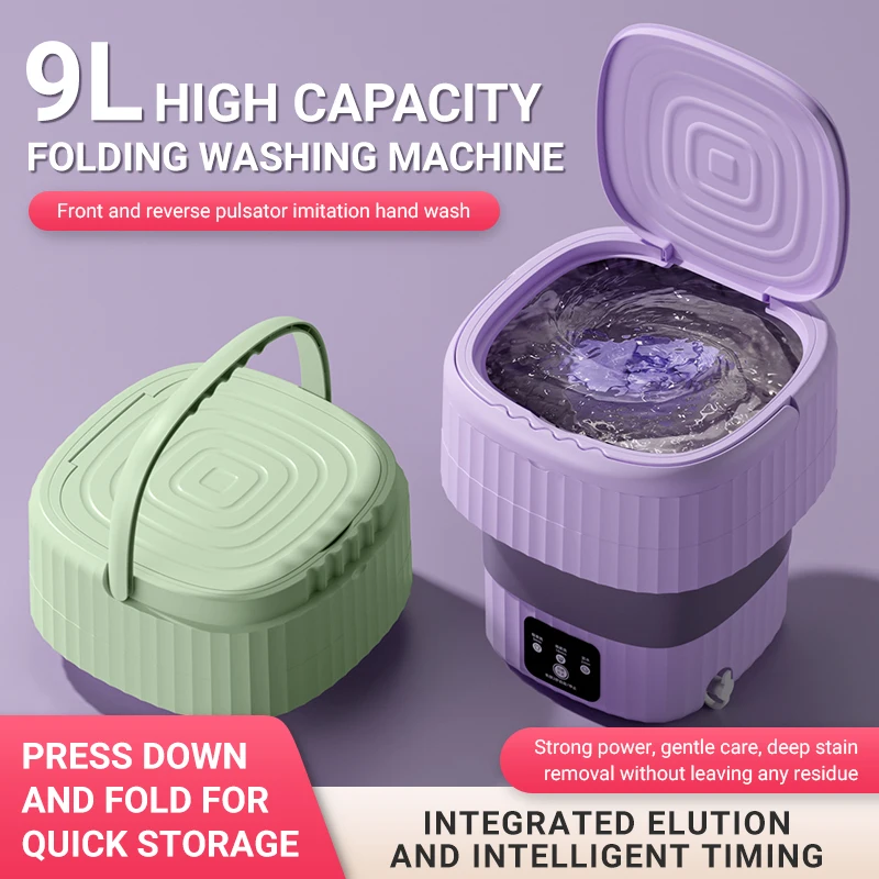 9L Portable Mini Washing Machine Automatic Electric Folding Tub Washer with Spin Dryer Underwear & Socks Folding Washer