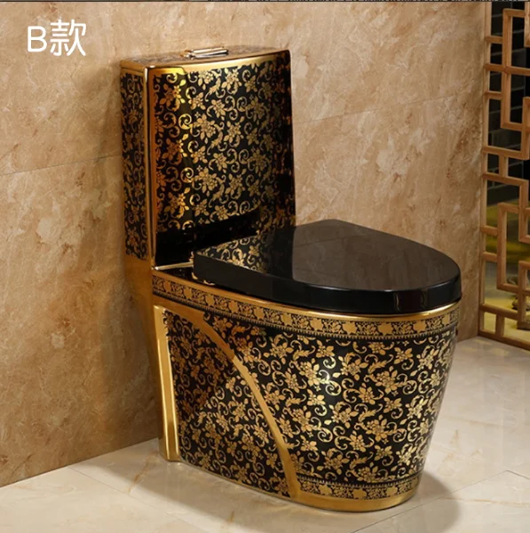 Vintage Style European Sanitary Ware Golden Plated Luxury Toilet Bowl Bathroom Ceramic One Piece Black and Gold Toilet