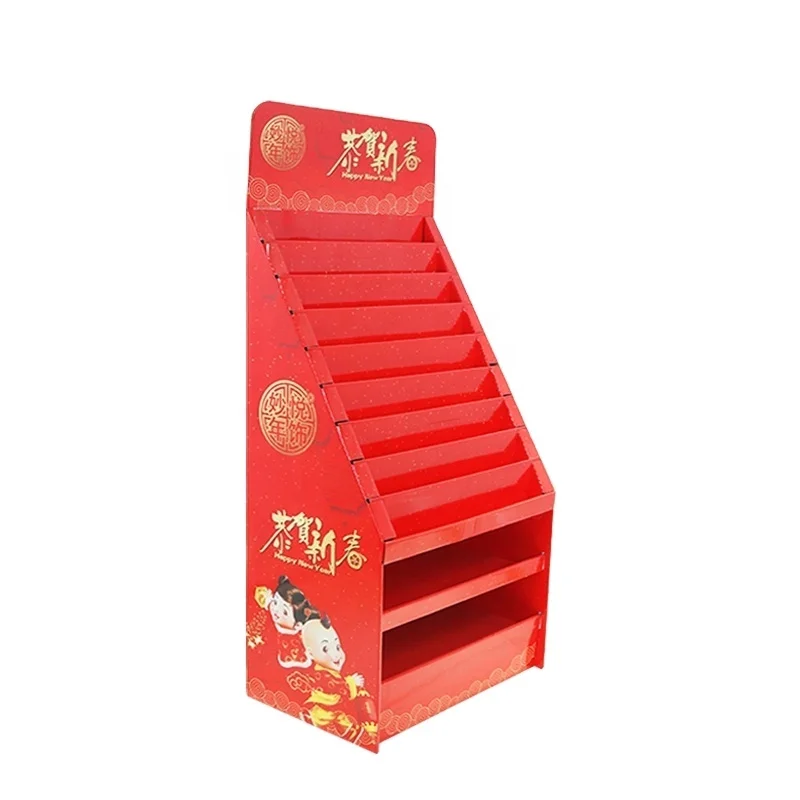 Factory Custom Logo Printed Cardboard Display Pedestal Paper Floor Standing Tiered Shelf Stand Greeting Card Birthday Red Packet