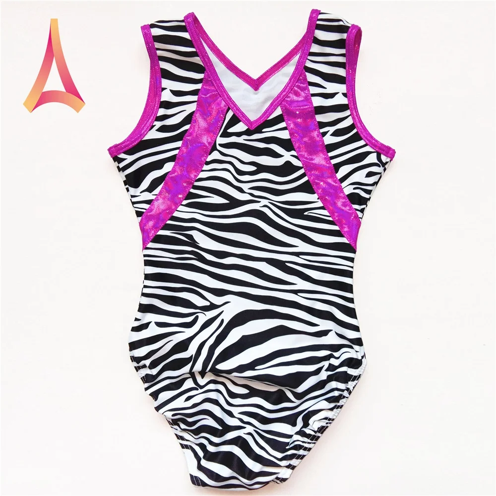Zebra-print Leotards Gymnastics for Kids accented with colorblock stripes