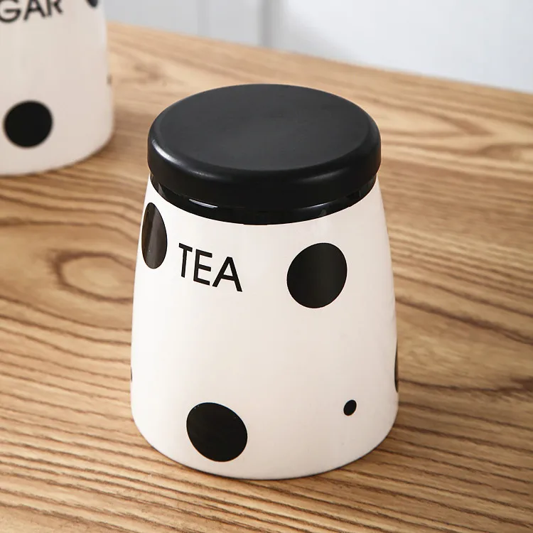 America kitchen storage tea coffee sugar canister set polka dot design ceramic food storage jar with lid