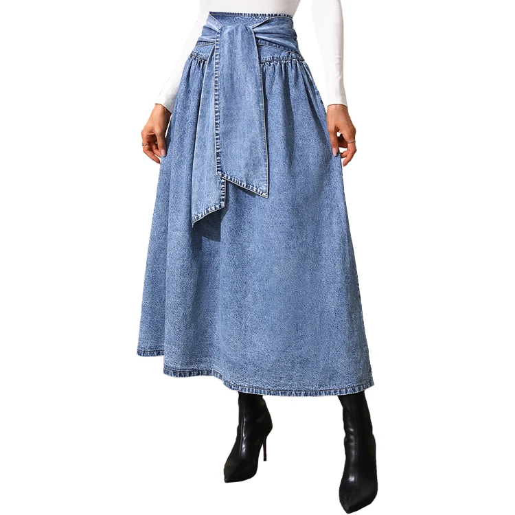 Long jeans skirt women denim high waist pleated denim midi skirt denim long skirt for women
