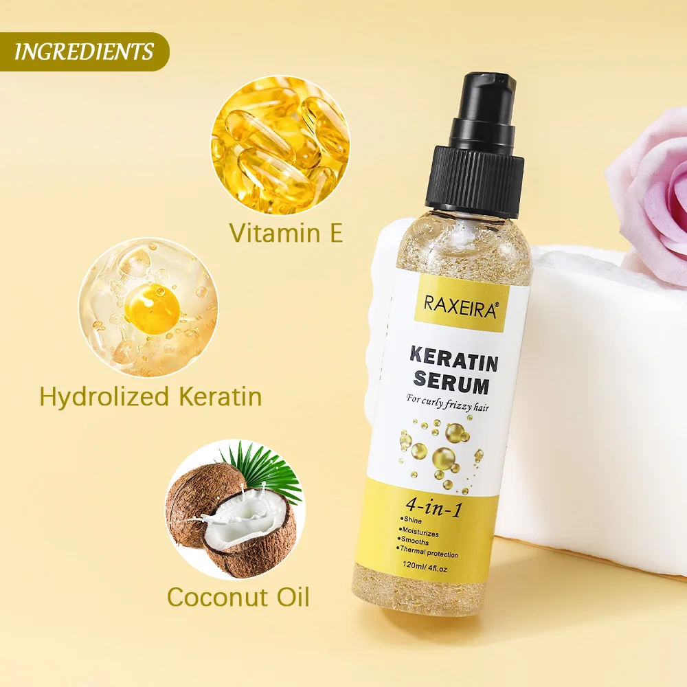 Private Label Keratin Hair Serum Hair Product 120ml Organic Vitamin E Hydrolized Keratin Coconut Oil 4-IN-1 Hair Care Essence