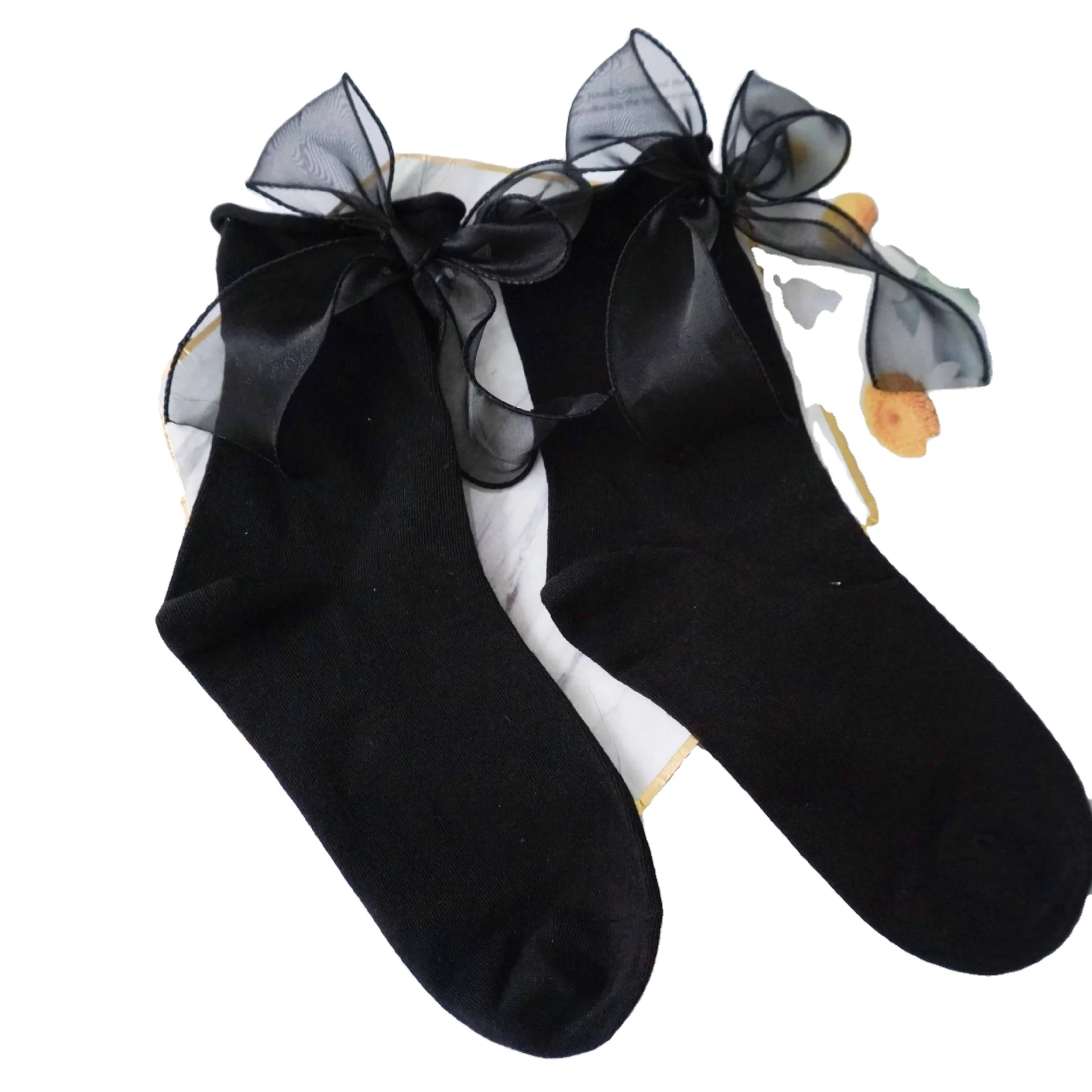 Lolita Japanese  organza bow socks beautiful girl curled pile socks pure color women cotton socks