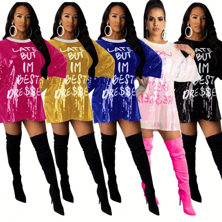 
new style women long sleeve round neck print letter sexy mini clubwear sequin dress Sequin Lady Sexy Dress 