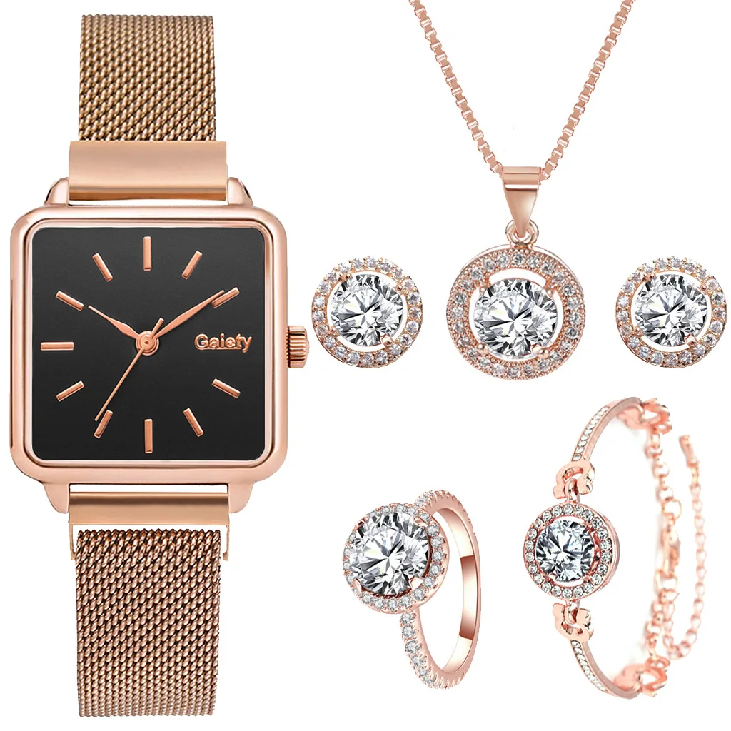 Magnetic Buckle Quartz Watch Diamond jewelry Lady Watch Set 5 Piece Bracelet Necklace Earrings Ring Watch Set For Women Gift Set